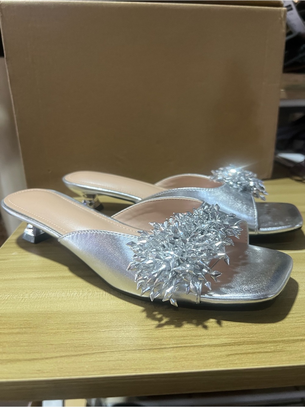 Silver Embellished Slide Sandals - Women
